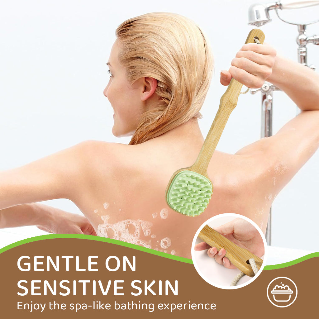 MAYCREATE Bath Brush 12.8 Inches Double Sided Silicone Body Massager Brush Back Scrubber Brush Wooden Handle Body Exfoliation Bathing Brush, Green MAYCREATE Bath Brush 12.8 Inches Double Sided Silicone Body Massager Brush Back Scrubber Brush Wooden Handle Body Exfoliation Bathing Brush, Green